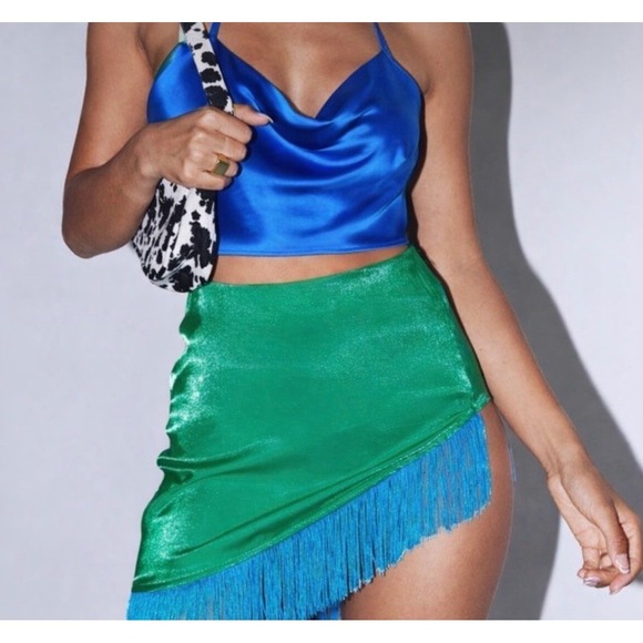Princess Polly Dresses & Skirts - NWT Princess Polly Jupiter Fringe Wrap Mini Skirt Womens 12 Satin Green Dopamine